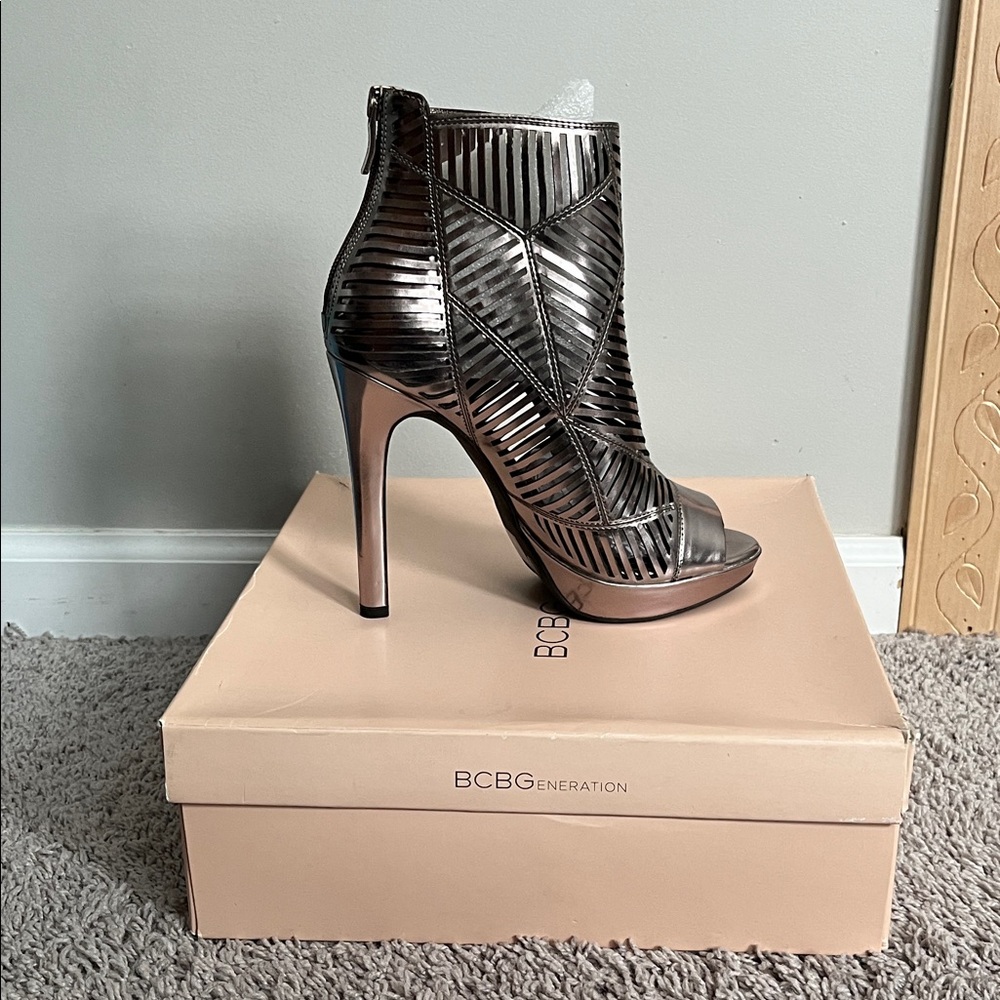 BCBGeneration Metallic High Heel Peep Toe Booties